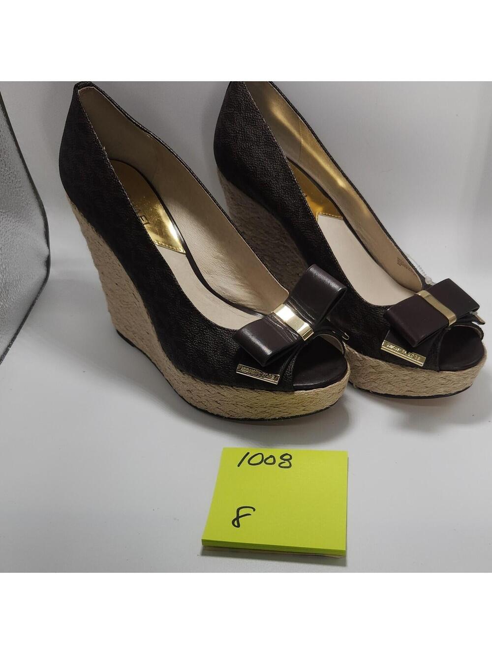 Michael Kors Women’s Leather Peep Toe Slip-On Wedge Heel Brown Bow Platform 8